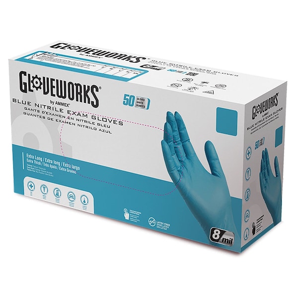 Gloveworks By Ammex Disposable Gloves, Exam Grade, 8 mil Palm, Nitrile, Powder-Free, XL, 500 PK, Blue GPNHD68100 - main